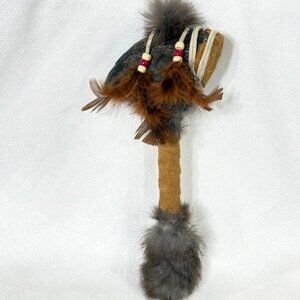 Native American buffalo horn, rawhide and rabbit fur ceremonial rattle.